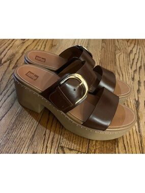Fitflop Pilar Brown Leather Wide Strap Block Heel Platform Sandals Size 10
